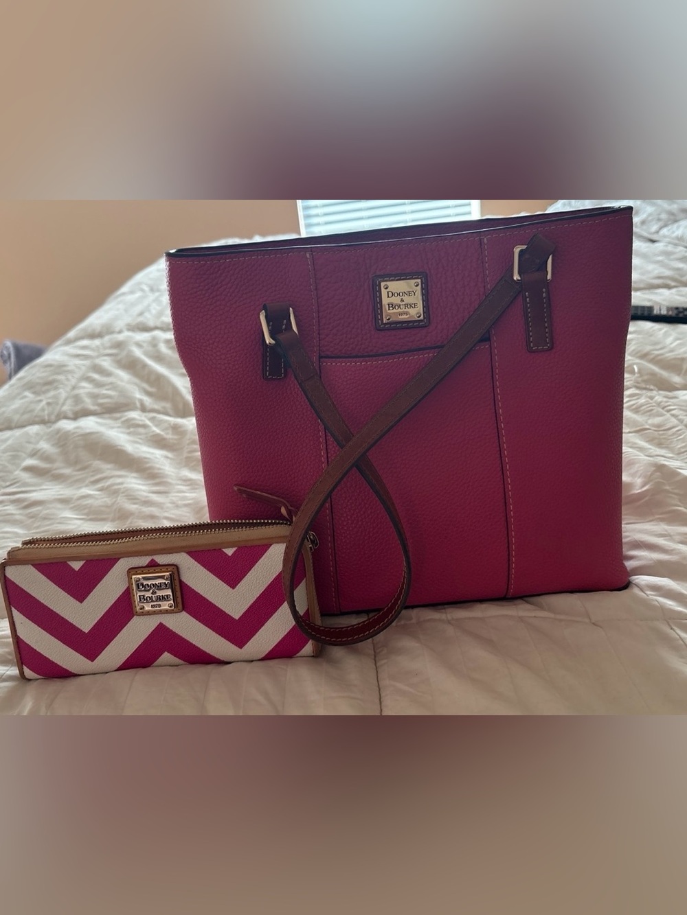 Dooney & Bourke Pink Pebbled Leather Tote with Chevron Wallet Set